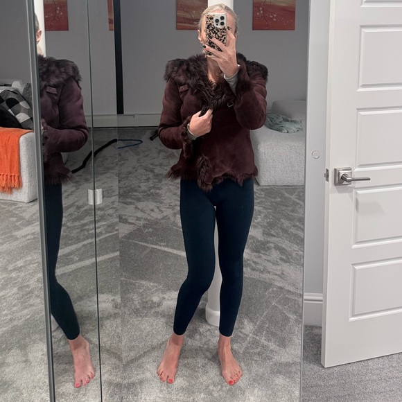 French genuine fur shearling jacket coat maroon deep purple Sz 2 small - Picture 12 of 12